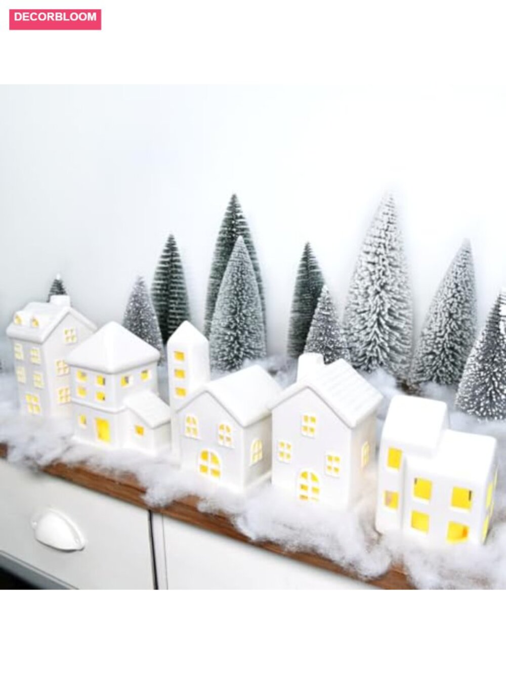 White Ceramic Christmas Village Houses Set with Mini Trees and Fake Snow